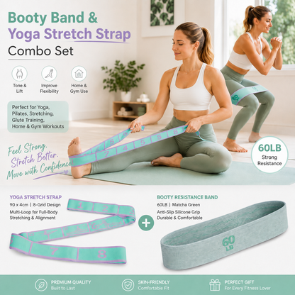 Green and purple 8 Grid Yoga Stretching Strap and 60LB Resistance Band Set for Pilates Workout Adjustable Stretch Band with Numbered Positions Glute Training Exercise Band Fitness Equipment for Yoga Dance Flexibility Training