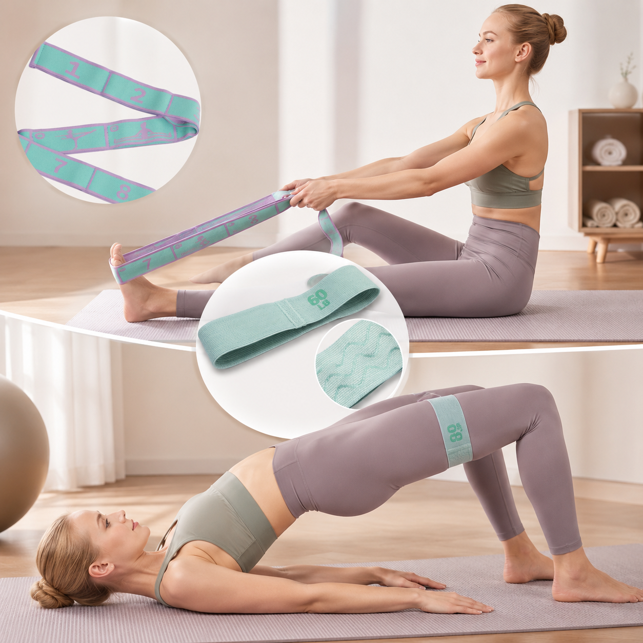 Green and purple 8 Grid Yoga Stretching Strap and 60LB Resistance Band Set for Pilates Workout Adjustable Stretch Band with Numbered Positions Glute Training Exercise Band Fitness Equipment for Yoga Dance Flexibility Training