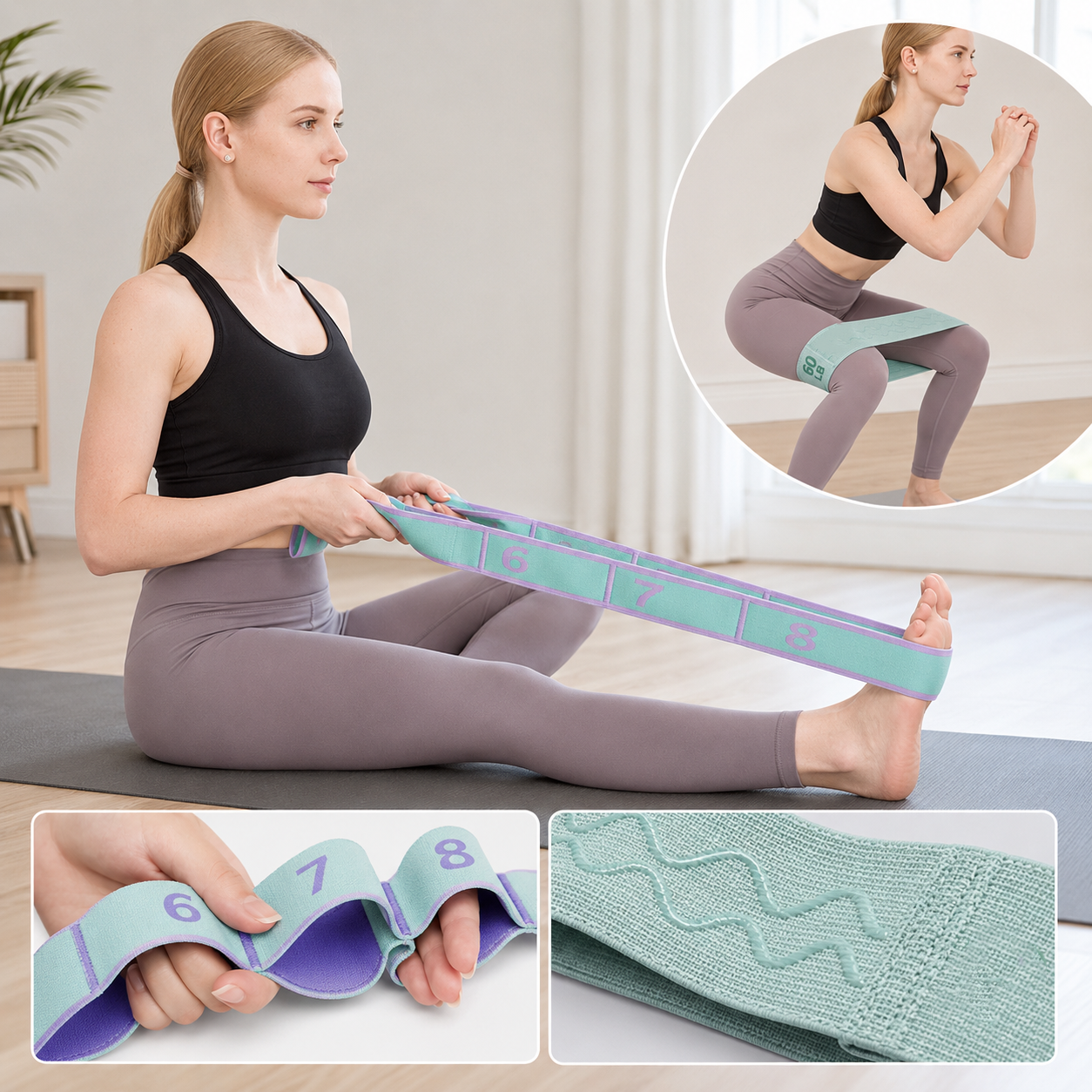 Green and purple 8 Grid Yoga Stretching Strap and 60LB Resistance Band Set for Pilates Workout Adjustable Stretch Band with Numbered Positions Glute Training Exercise Band Fitness Equipment for Yoga Dance Flexibility Training