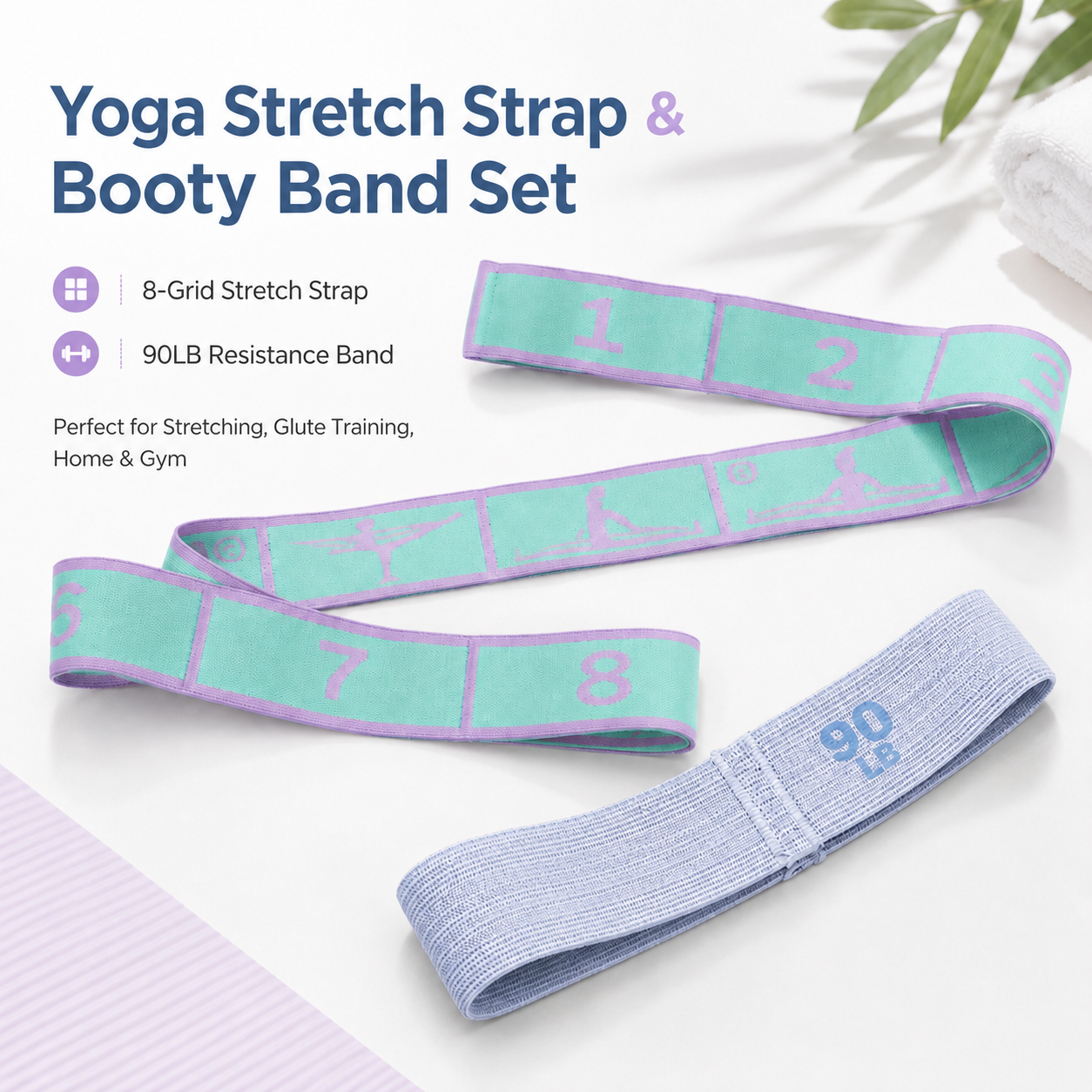 Green and purple 8 Grid Yoga Stretching Strap and 90LB Resistance Band Set for Pilates Workout Adjustable Stretch Band with Numbered Positions Glute Training Exercise Band Fitness Equipment for Yoga Dance Flexibility Training