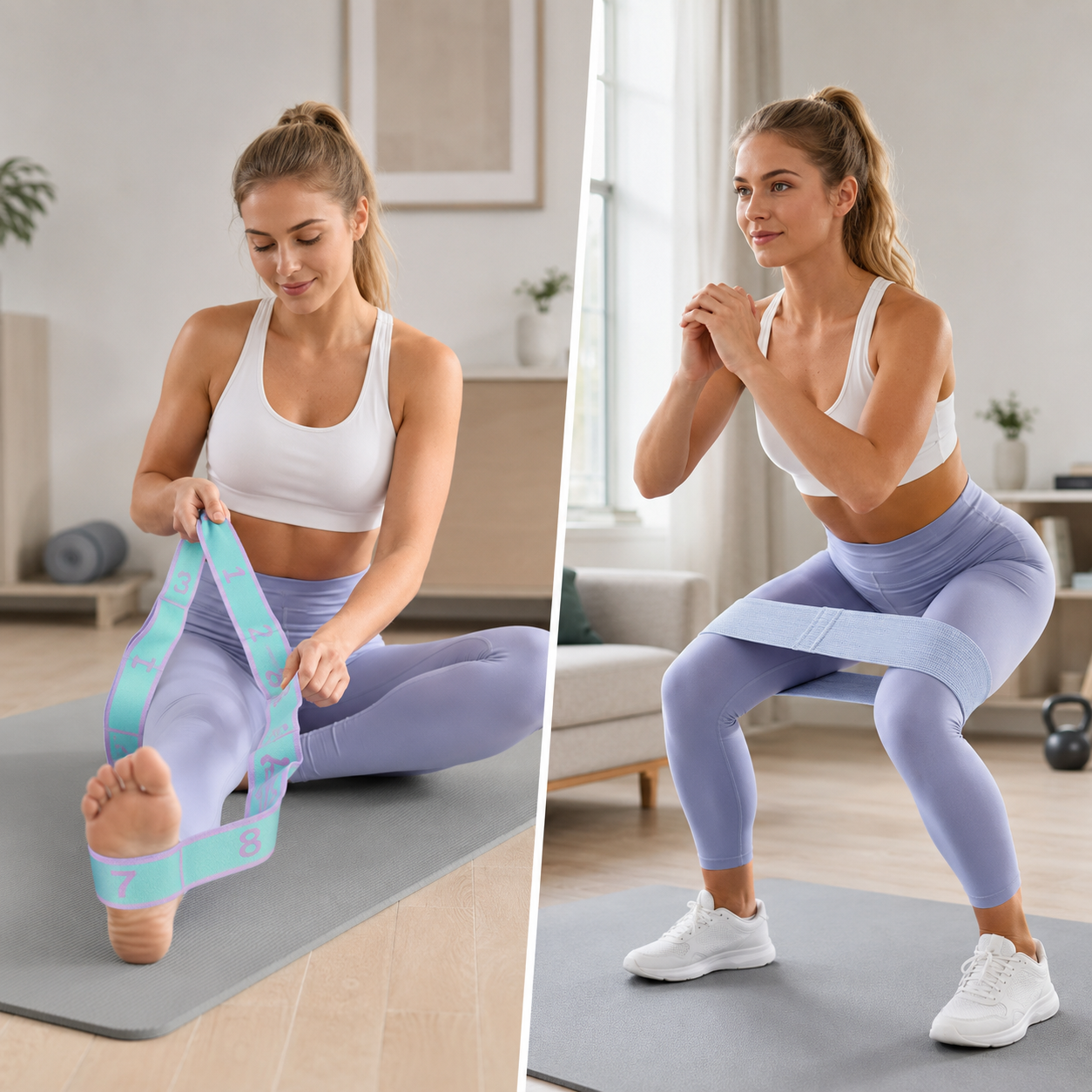 Green and purple 8 Grid Yoga Stretching Strap and 90LB Resistance Band Set for Pilates Workout Adjustable Stretch Band with Numbered Positions Glute Training Exercise Band Fitness Equipment for Yoga Dance Flexibility Training