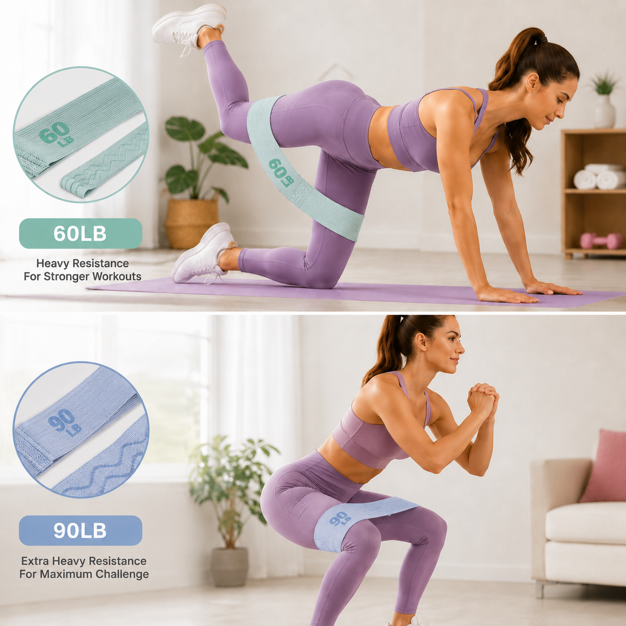 60LB and 90LB Resistance Band Set for Glute Training Pilates Workout Fabric Booty Bands Heavy Resistance Hip Circle Exercise Bands for Women Home Gym Fitness Lower Body Strength Training