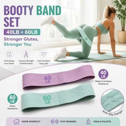 40LB + 60LB Booty Resistance Band Set Fabric Glute Bands for Women Hip Training Pilates Yoga Home Workout Lower Body Strength Exercise