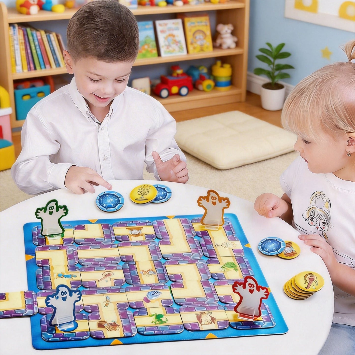 Ghost Maze Board Game Family Strategy Game Interactive Flying Chess Tabletop Puzzle Game with Treasure Hunt Cards Moving Maze Pieces for Home Entertainment Party Activities
