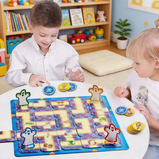 Ghost Maze Board Game Family Strategy Game Interactive Flying Chess Tabletop Puzzle Game with Treasure Hunt Cards Moving Maze Pieces for Home Entertainment Party Activities