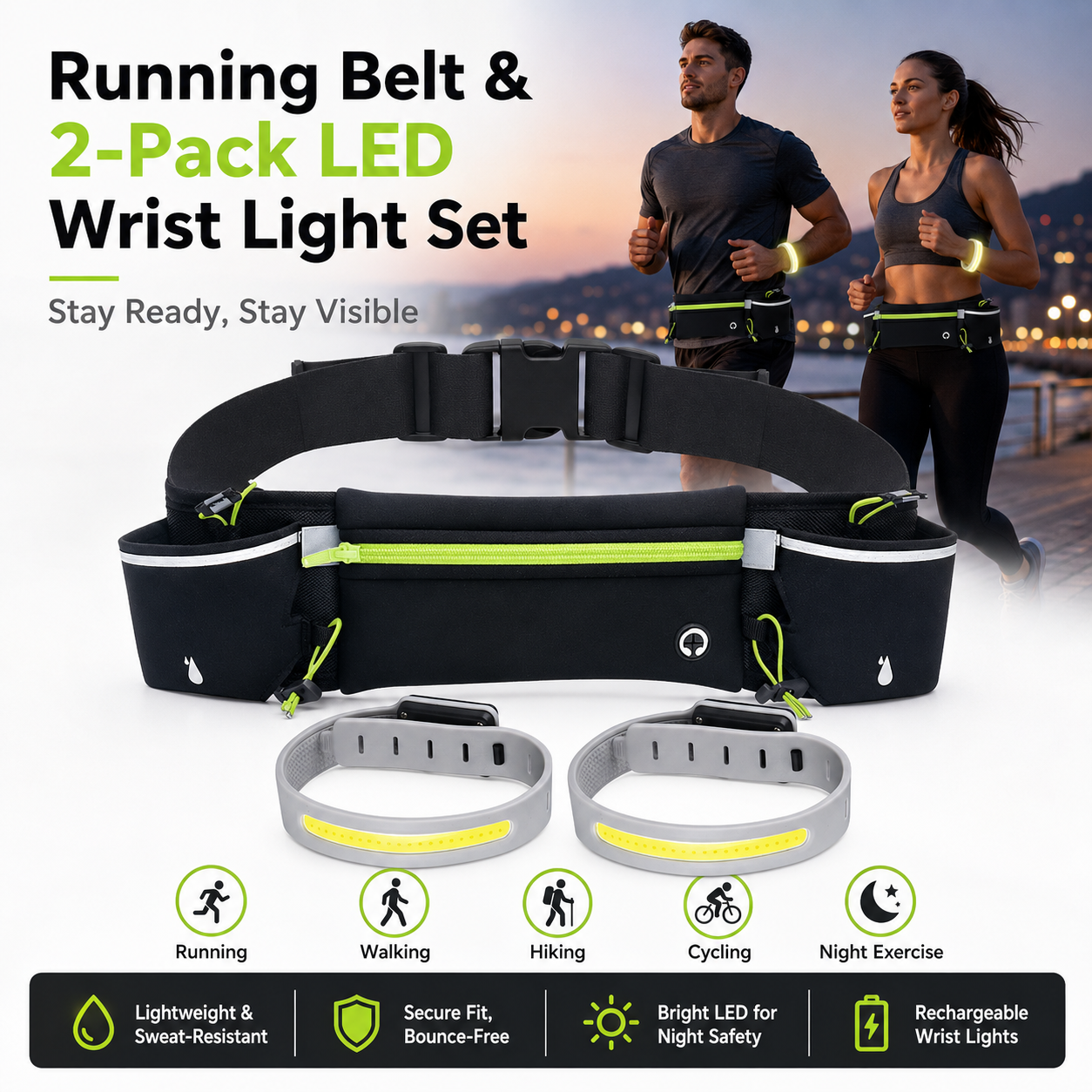 Green Running Belt and 2 Pack LED Wrist Light Set Outdoor Sports Waist Bag with Water Bottle Holder Reflective Running Belt and Rechargeable Safety Wrist Lights for Night Running Hiking Cycling Fitness