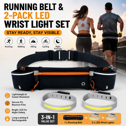 Orange Running Belt and 2 Pack LED Wrist Light Set Outdoor Sports Waist Bag with Water Bottle Holder Reflective Running Belt and Rechargeable Safety Wrist Lights for Night Running Hiking Cycling Fitness