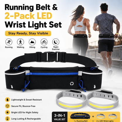 Blue Running Belt and 2 Pack LED Wrist Light Set Outdoor Sports Waist Bag with Water Bottle Holder Reflective Running Belt and Rechargeable Safety Wrist Lights for Night Running Hiking Cycling Fitness