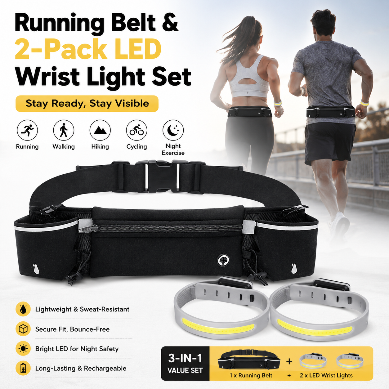 Black Running Belt and 2 Pack LED Wrist Light Set Outdoor Sports Waist Bag with Water Bottle Holder Reflective Running Belt and Rechargeable Safety Wrist Lights for Night Running Hiking Cycling Fitness