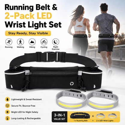 Black Running Belt and 2 Pack LED Wrist Light Set Outdoor Sports Waist Bag with Water Bottle Holder Reflective Running Belt and Rechargeable Safety Wrist Lights for Night Running Hiking Cycling Fitness