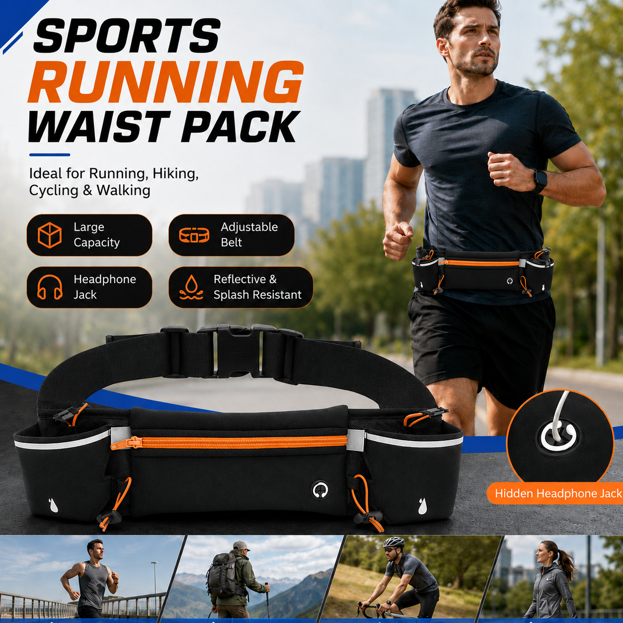 Orange Running Waist Pack Sports Belt with Water Bottle Holder Adjustable Phone Waist Bag Reflective Lightweight Fanny Pack for Marathon Running Hiking Cycling Walking Fitness and Outdoor Activities