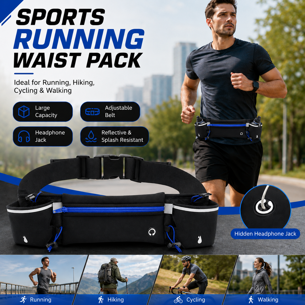 Blue Running Waist Pack Sports Belt with Water Bottle Holder Adjustable Phone Waist Bag Reflective Lightweight Fanny Pack for Marathon Running Hiking Cycling Walking Fitness and Outdoor Activities