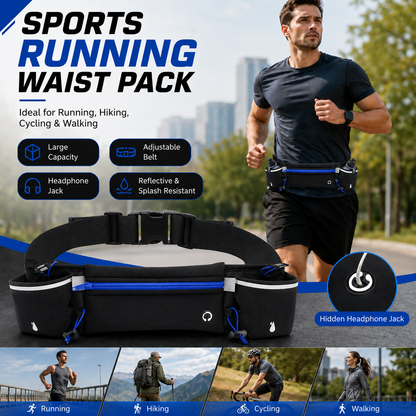 Blue Running Waist Pack Sports Belt with Water Bottle Holder Adjustable Phone Waist Bag Reflective Lightweight Fanny Pack for Marathon Running Hiking Cycling Walking Fitness and Outdoor Activities