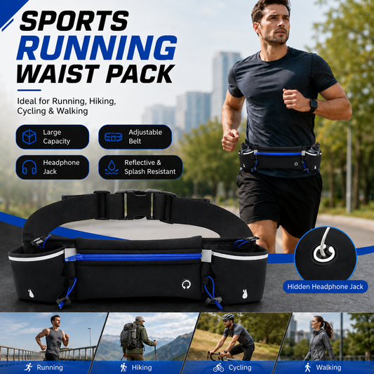 Blue Running Waist Pack Sports Belt with Water Bottle Holder Adjustable Phone Waist Bag Reflective Lightweight Fanny Pack for Marathon Running Hiking Cycling Walking Fitness and Outdoor Activities