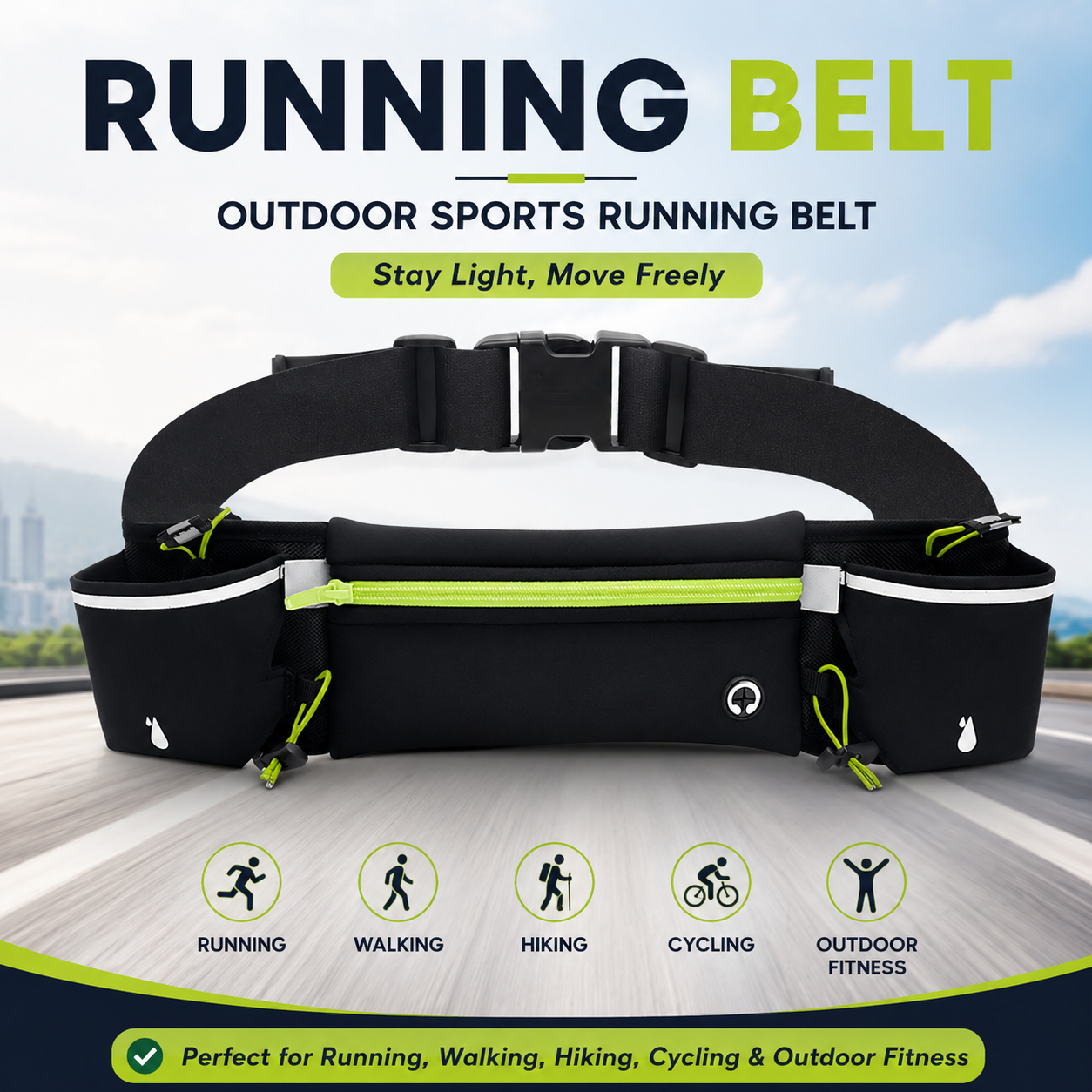 Green Running Waist Pack Sports Belt with Water Bottle Holder Adjustable Phone Waist Bag Reflective Lightweight Fanny Pack for Marathon Running Hiking Cycling Walking Fitness and Outdoor Activities