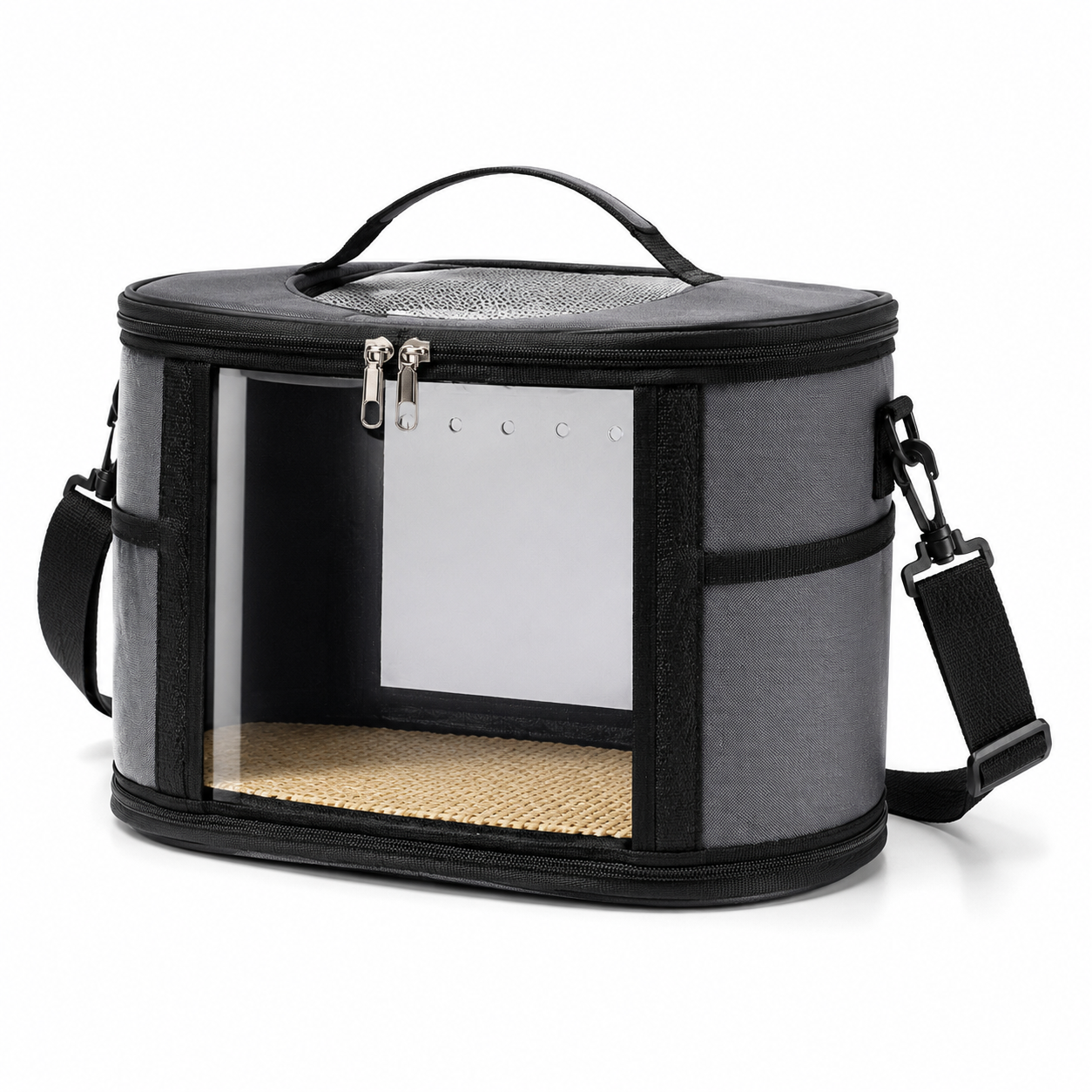 Small Animal Travel Carrier Bag - Grey Small Nylon and Plastic Portable Pet Carrier with Shoulder Strap and Carry Handle for Parrots, Hamsters, Guinea Pigs and Rabbits