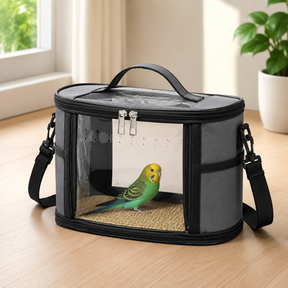 Small Animal Travel Carrier Bag - Grey Small Nylon and Plastic Portable Pet Carrier with Shoulder Strap and Carry Handle for Parrots, Hamsters, Guinea Pigs and Rabbits