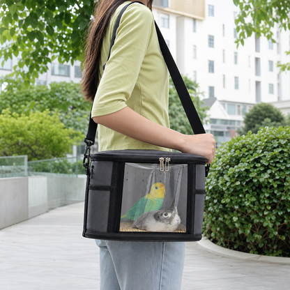 Small Animal Travel Carrier Bag - Grey Small Nylon and Plastic Portable Pet Carrier with Shoulder Strap and Carry Handle for Parrots, Hamsters, Guinea Pigs and Rabbits