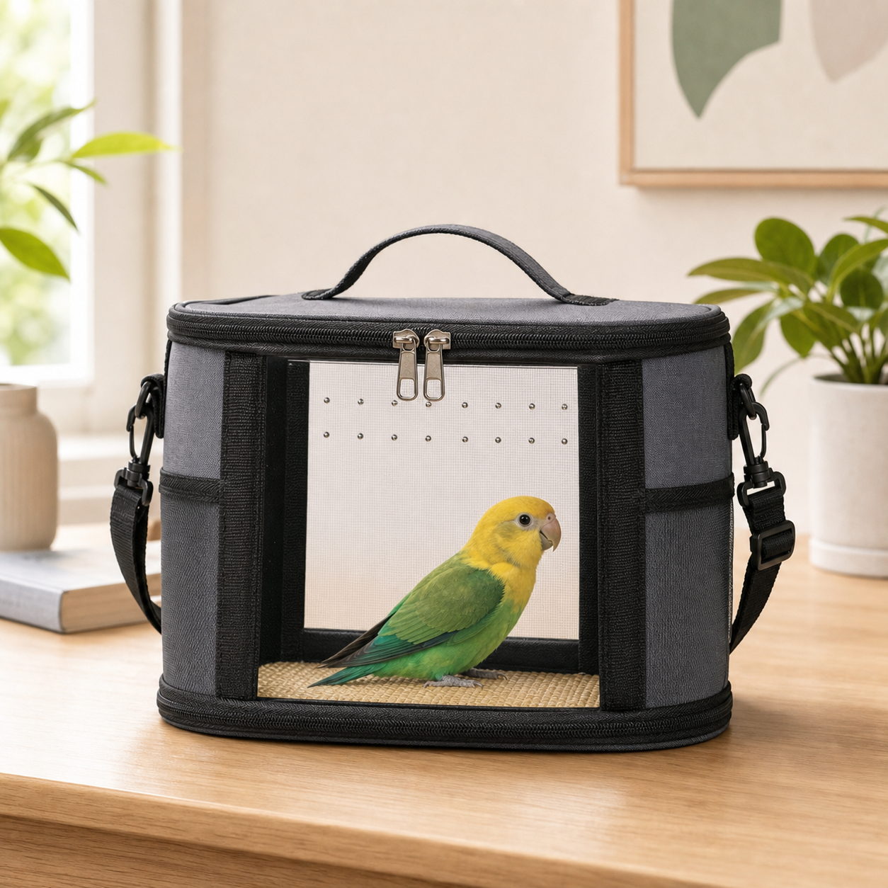 Large Small Animal Travel Bag (33*22.5*23cm) - Gray small nylon and plastic portable pet bag with shoulder strap and handle, suitable for parrots, hamsters, guinea pigs and rabbits.