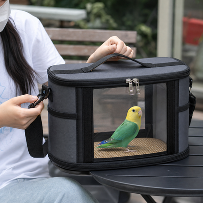 Large Small Animal Travel Bag (33*22.5*23cm) - Gray small nylon and plastic portable pet bag with shoulder strap and handle, suitable for parrots, hamsters, guinea pigs and rabbits.