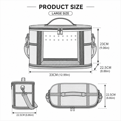 Large Small Animal Travel Bag (33*22.5*23cm) - Gray small nylon and plastic portable pet bag with shoulder strap and handle, suitable for parrots, hamsters, guinea pigs and rabbits.
