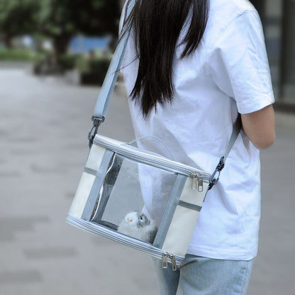 Small Animal Travel Bag(26*17*19cm) - Off-White small nylon and plastic portable pet bag with shoulder strap and handle, suitable for parrots, hamsters, guinea pigs and rabbits.