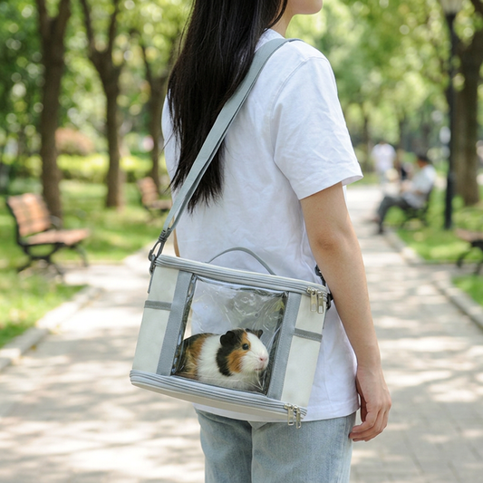 Small Animal Travel Bag(26*17*19cm) - Off-White small nylon and plastic portable pet bag with shoulder strap and handle, suitable for parrots, hamsters, guinea pigs and rabbits.