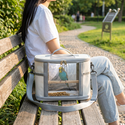 Small Animal Travel Bag(26*17*19cm) - Off-White small nylon and plastic portable pet bag with shoulder strap and handle, suitable for parrots, hamsters, guinea pigs and rabbits.