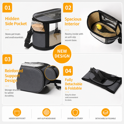 Small Animal Travel Bag(26*17*19cm) - Off-White small nylon and plastic portable pet bag with shoulder strap and handle, suitable for parrots, hamsters, guinea pigs and rabbits.