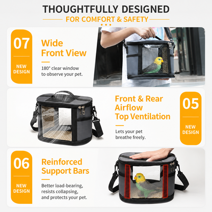Small Animal Travel Bag(26*17*19cm) - Off-White small nylon and plastic portable pet bag with shoulder strap and handle, suitable for parrots, hamsters, guinea pigs and rabbits.
