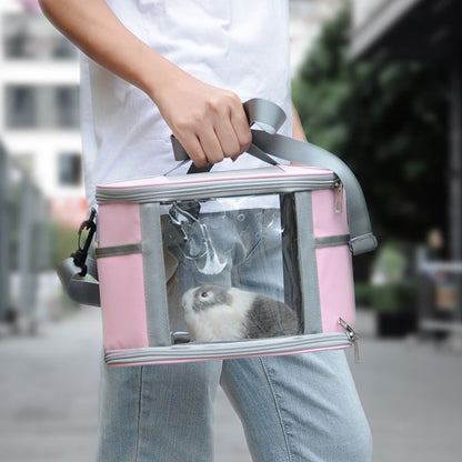 Large Small Animal Travel Bag (33*22.5*23cm) - Pink small nylon and plastic portable pet bag with shoulder strap and handle, suitable for parrots, hamsters, guinea pigs and rabbits.
