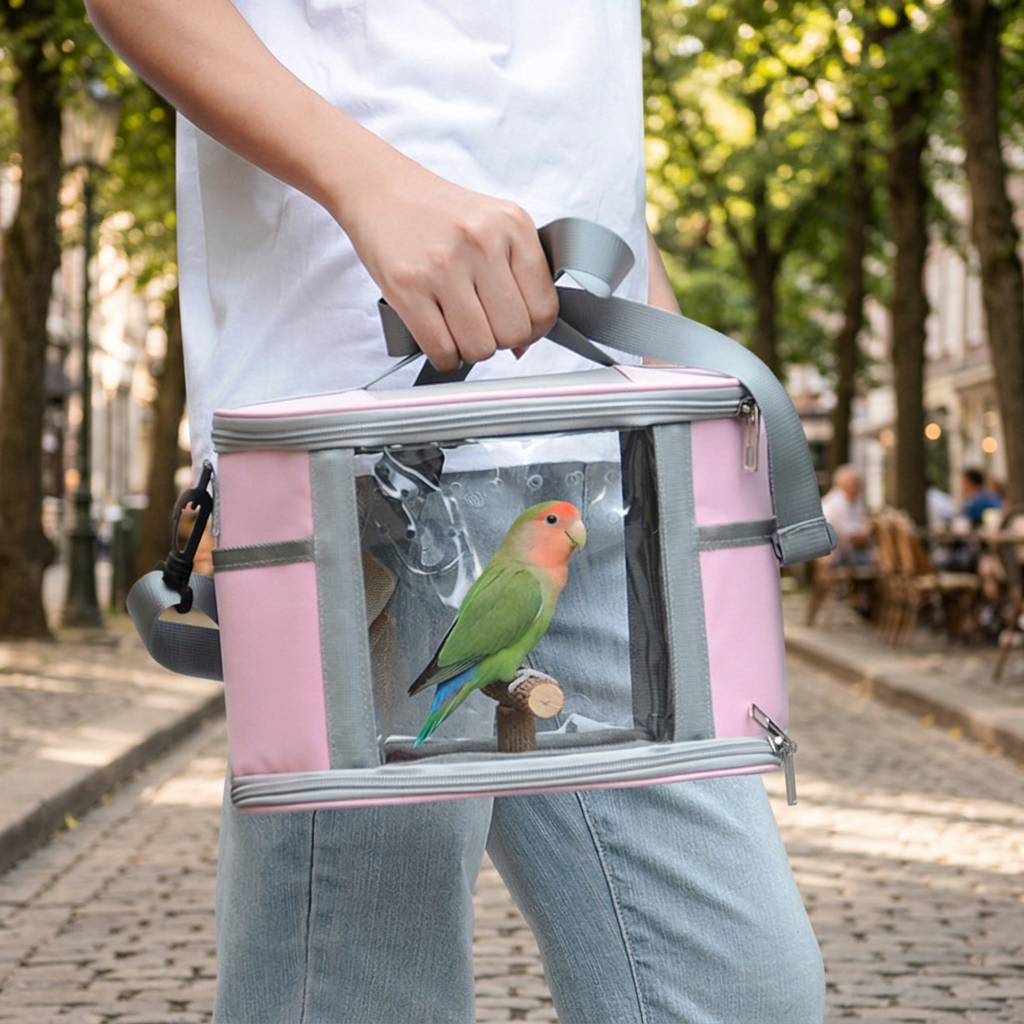 Large Small Animal Travel Bag (33*22.5*23cm) - Pink small nylon and plastic portable pet bag with shoulder strap and handle, suitable for parrots, hamsters, guinea pigs and rabbits.