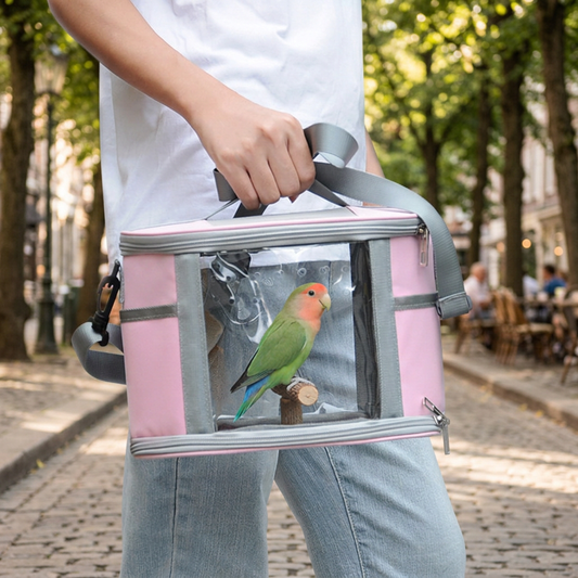 Large Small Animal Travel Bag (33*22.5*23cm) - Pink small nylon and plastic portable pet bag with shoulder strap and handle, suitable for parrots, hamsters, guinea pigs and rabbits.