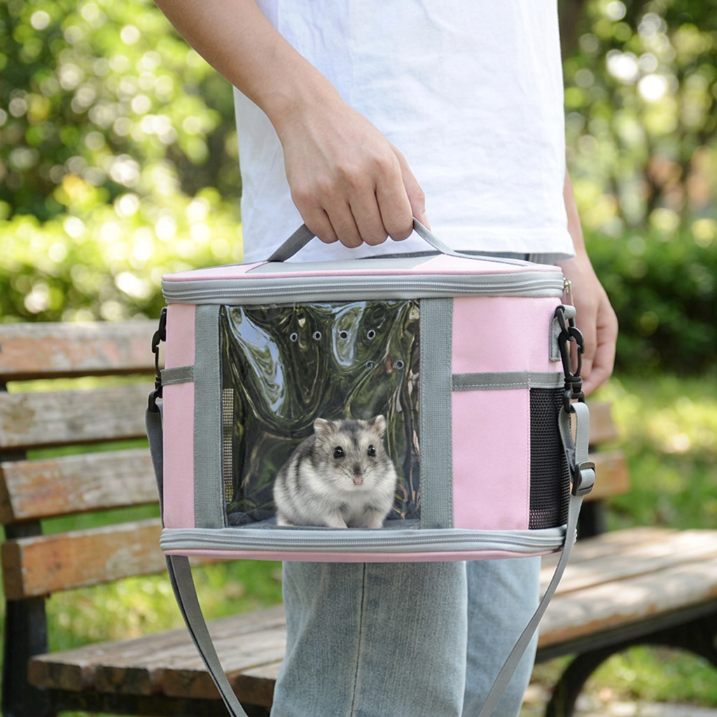Small Animal Travel Bag(26*17*19cm) - Pink small nylon and plastic portable pet bag with shoulder strap and handle, suitable for parrots, hamsters, guinea pigs and rabbits.