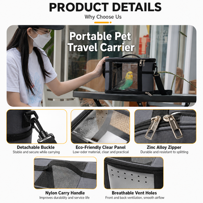 Small Animal Travel Bag(26*17*19cm) - Pink small nylon and plastic portable pet bag with shoulder strap and handle, suitable for parrots, hamsters, guinea pigs and rabbits.