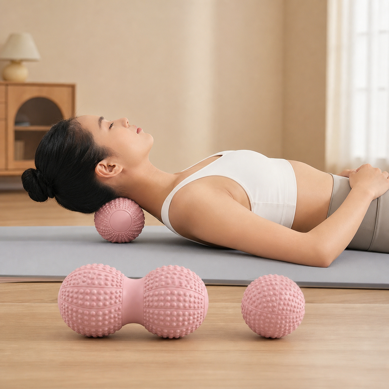 Peanut Massage Ball Set - Pink TPR Dual and Single Trigger Point Balls, Portable Self Massage for Feet, Arches, Neck, Shoulders, Back and Fitness Recovery