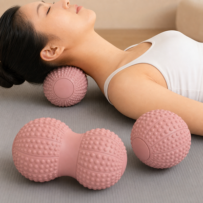 Peanut Massage Ball Set - Pink TPR Dual and Single Trigger Point Balls, Portable Self Massage for Feet, Arches, Neck, Shoulders, Back and Fitness Recovery