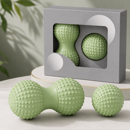 Green TPR Peanut Massage Ball Set - Dual Ball Self Massage Tool for Foot Arch, Neck, Shoulder and Back Muscle Relaxation, Home Gym Yoga and Travel Use