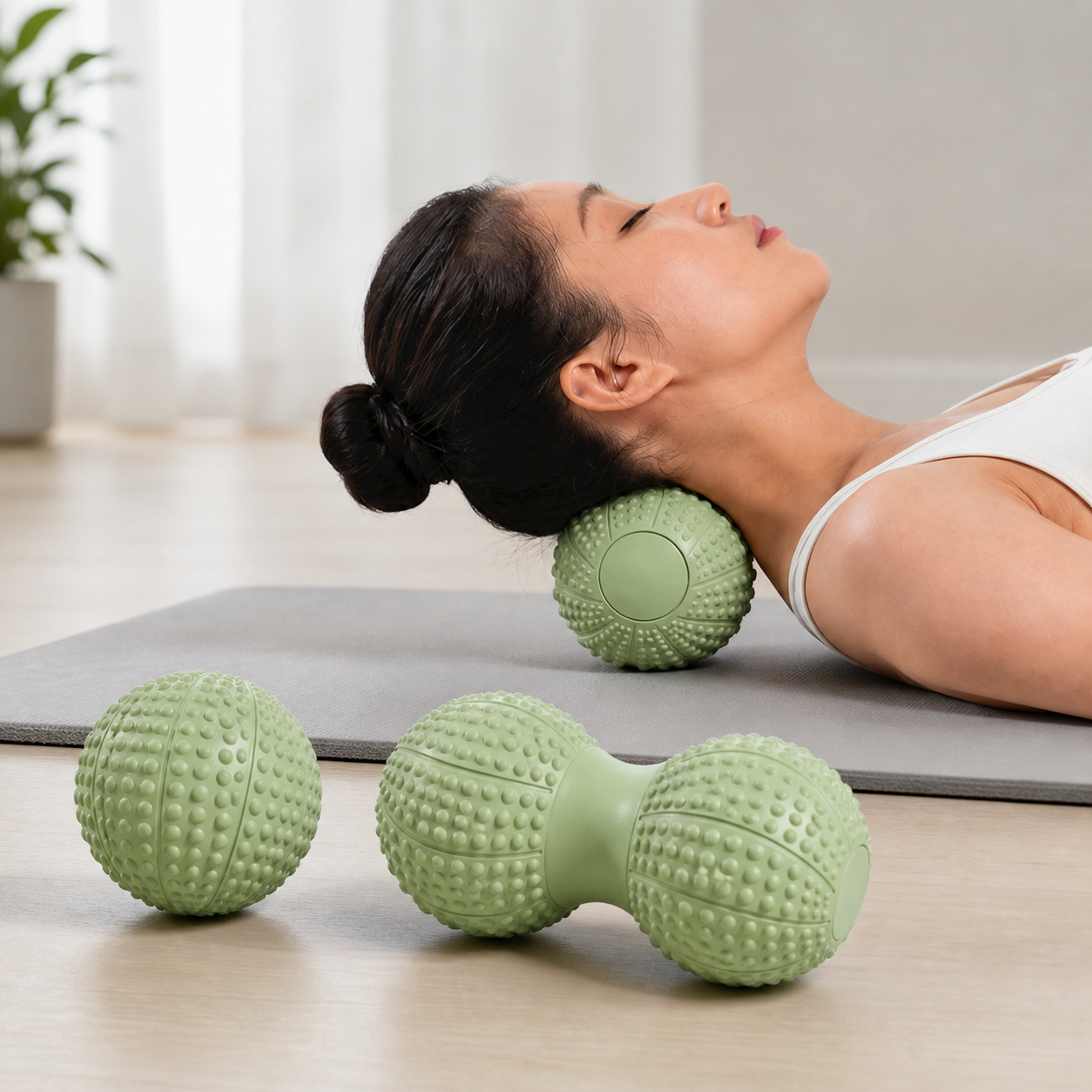 Green TPR Peanut Massage Ball Set - Dual Ball Self Massage Tool for Foot Arch, Neck, Shoulder and Back Muscle Relaxation, Home Gym Yoga and Travel Use