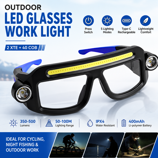 Rechargeable LED Glasses Light Blue Outdoor Headlamp with 5 Lighting Modes Type C Charging COB Work Light for Cycling Night Fishing Hiking Camping Running Repair and Outdoor Activities