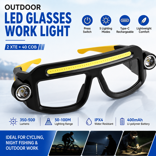 Rechargeable LED Glasses Light Yellow Outdoor Headlamp with 5 Lighting Modes Type C Charging COB Work Light for Cycling Night Fishing Hiking Camping Running Repair and Outdoor Activities