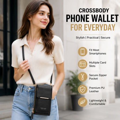 Black Touch Screen Phone Wallet Crossbody Bag for Women Vertical PU Leather Purse with Card Holder Zipper Pocket Adjustable Strap for Travel Shopping Everyday Use