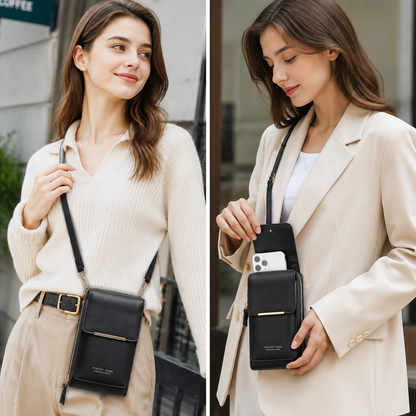 Black Touch Screen Phone Wallet Crossbody Bag for Women Vertical PU Leather Purse with Card Holder Zipper Pocket Adjustable Strap for Travel Shopping Everyday Use