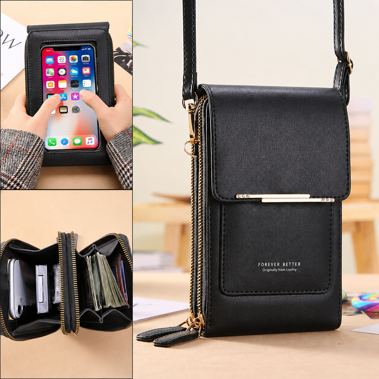 Black Touch Screen Phone Wallet Crossbody Bag for Women Vertical PU Leather Purse with Card Holder Zipper Pocket Adjustable Strap for Travel Shopping Everyday Use