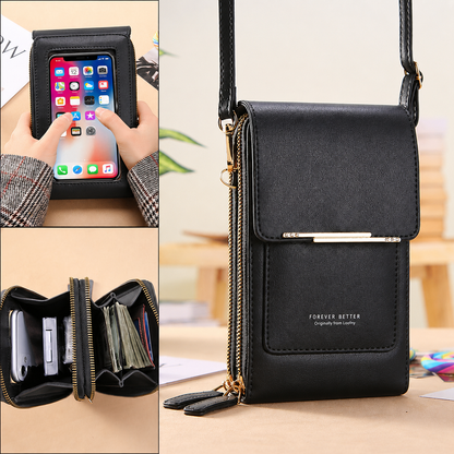 Black Touch Screen Phone Wallet Crossbody Bag for Women Vertical PU Leather Purse with Card Holder Zipper Pocket Adjustable Strap for Travel Shopping Everyday Use