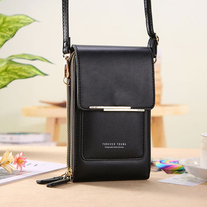 Black Touch Screen Phone Wallet Crossbody Bag for Women Vertical PU Leather Purse with Card Holder Zipper Pocket Adjustable Strap for Travel Shopping Everyday Use