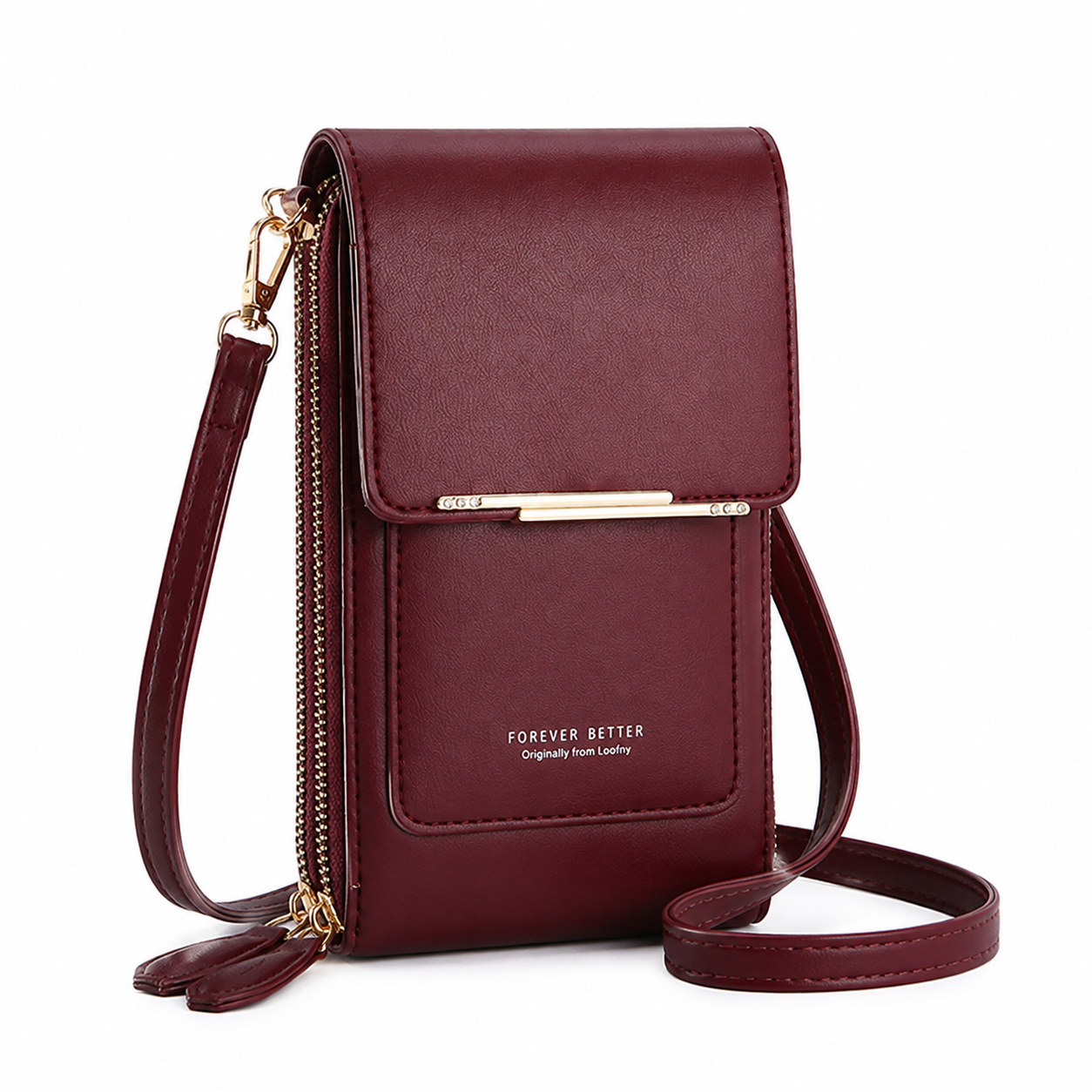 Red Touch Screen Phone Wallet Crossbody Bag for Women Vertical PU Leather Purse with Card Holder Zipper Pocket Adjustable Strap for Travel Shopping Everyday Use