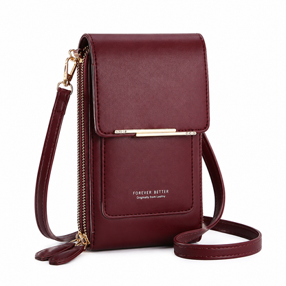Red Touch Screen Phone Wallet Crossbody Bag for Women Vertical PU Leather Purse with Card Holder Zipper Pocket Adjustable Strap for Travel Shopping Everyday Use