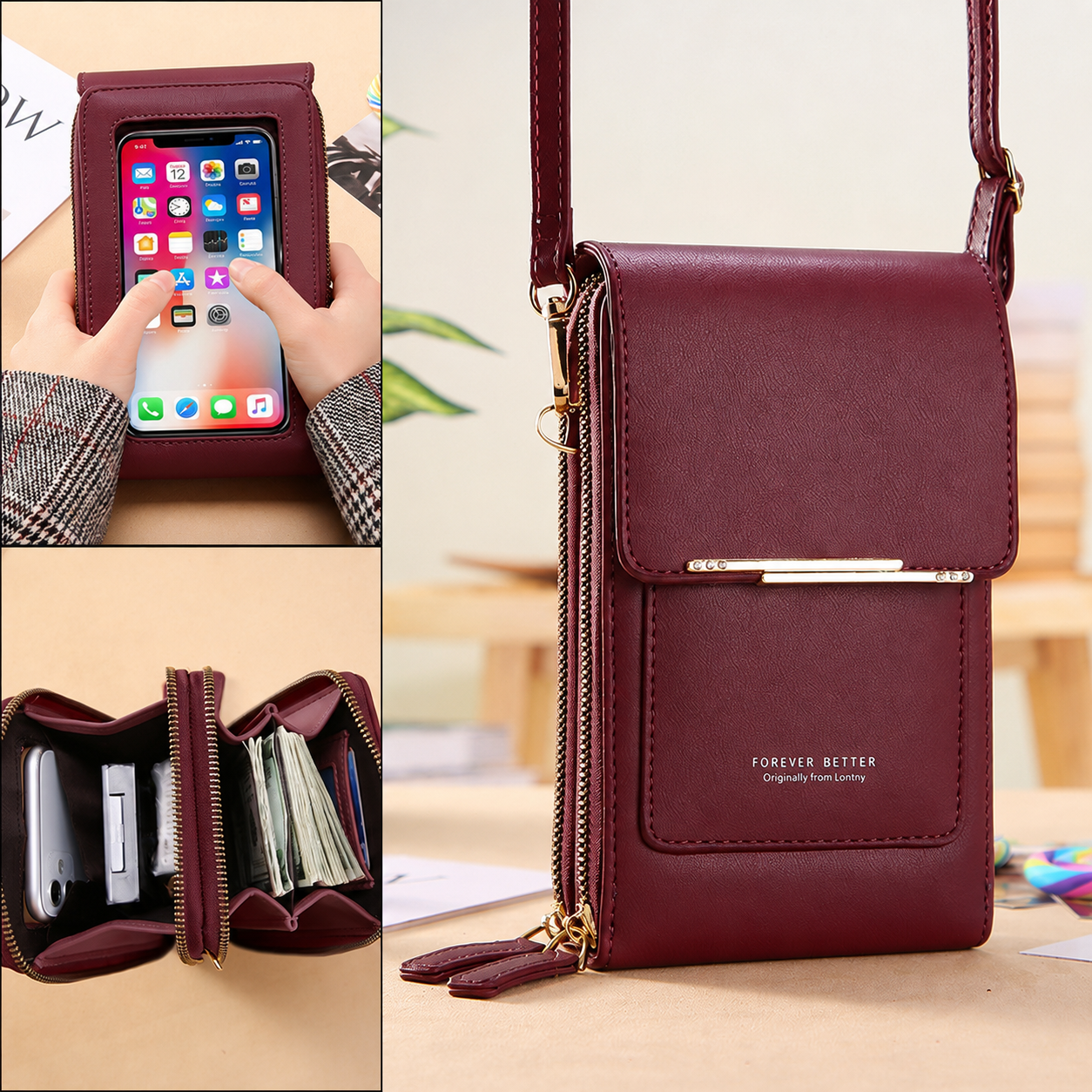 Red Touch Screen Phone Wallet Crossbody Bag for Women Vertical PU Leather Purse with Card Holder Zipper Pocket Adjustable Strap for Travel Shopping Everyday Use