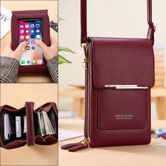 Red Touch Screen Phone Wallet Crossbody Bag for Women Vertical PU Leather Purse with Card Holder Zipper Pocket Adjustable Strap for Travel Shopping Everyday Use